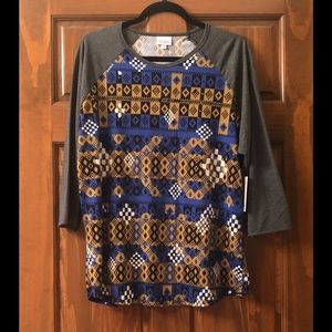 NWT LuLaRoe Randy Tee- Gold and Blue Pattern